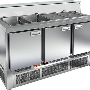 SLE3-111GN НИЗКОЕ СТЕКЛО стол для салатов, охл. (+2+10), 3 двери, 1485х700х1055мм